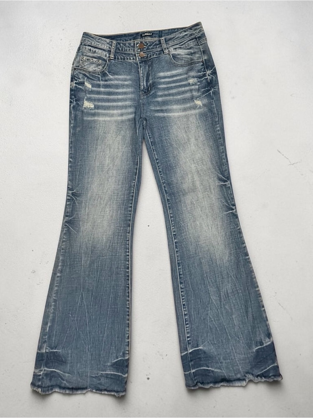 FLAMINGALS Mid-Rise Flare Jeans with Raw Hem and Pocket Stitch Detail Raw Hem